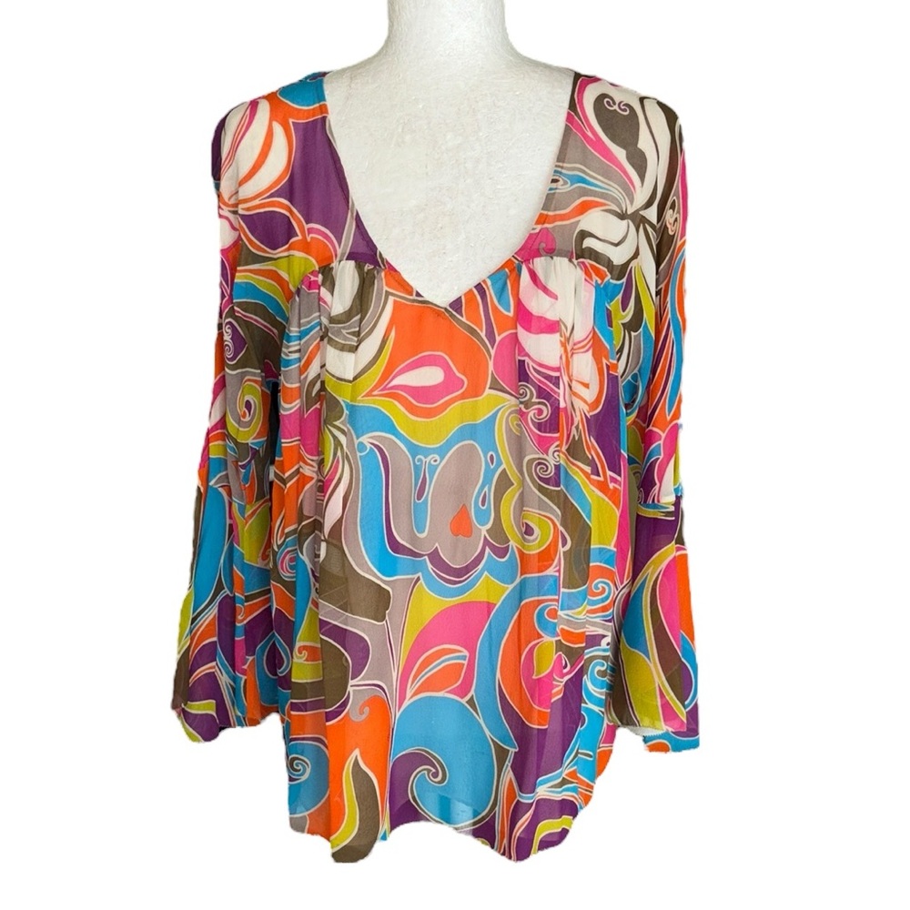 Trina Turk Silk Retro Abstract Print V-Neck Bell Sleeve Blouse - S